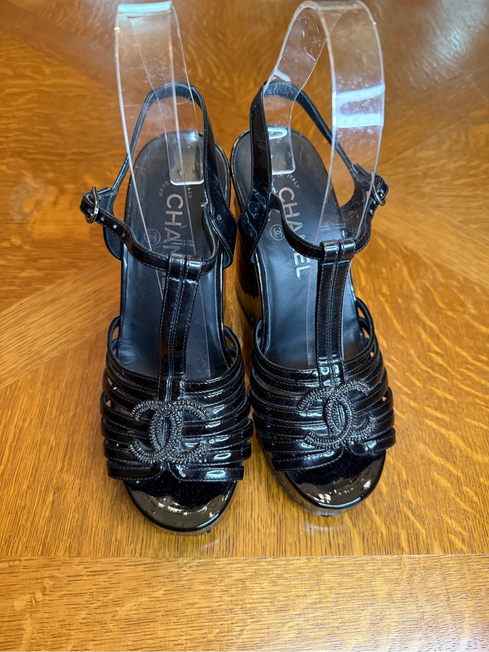 CHANEL Black Patent Leather T-Strap Platform Heels with CC Detail